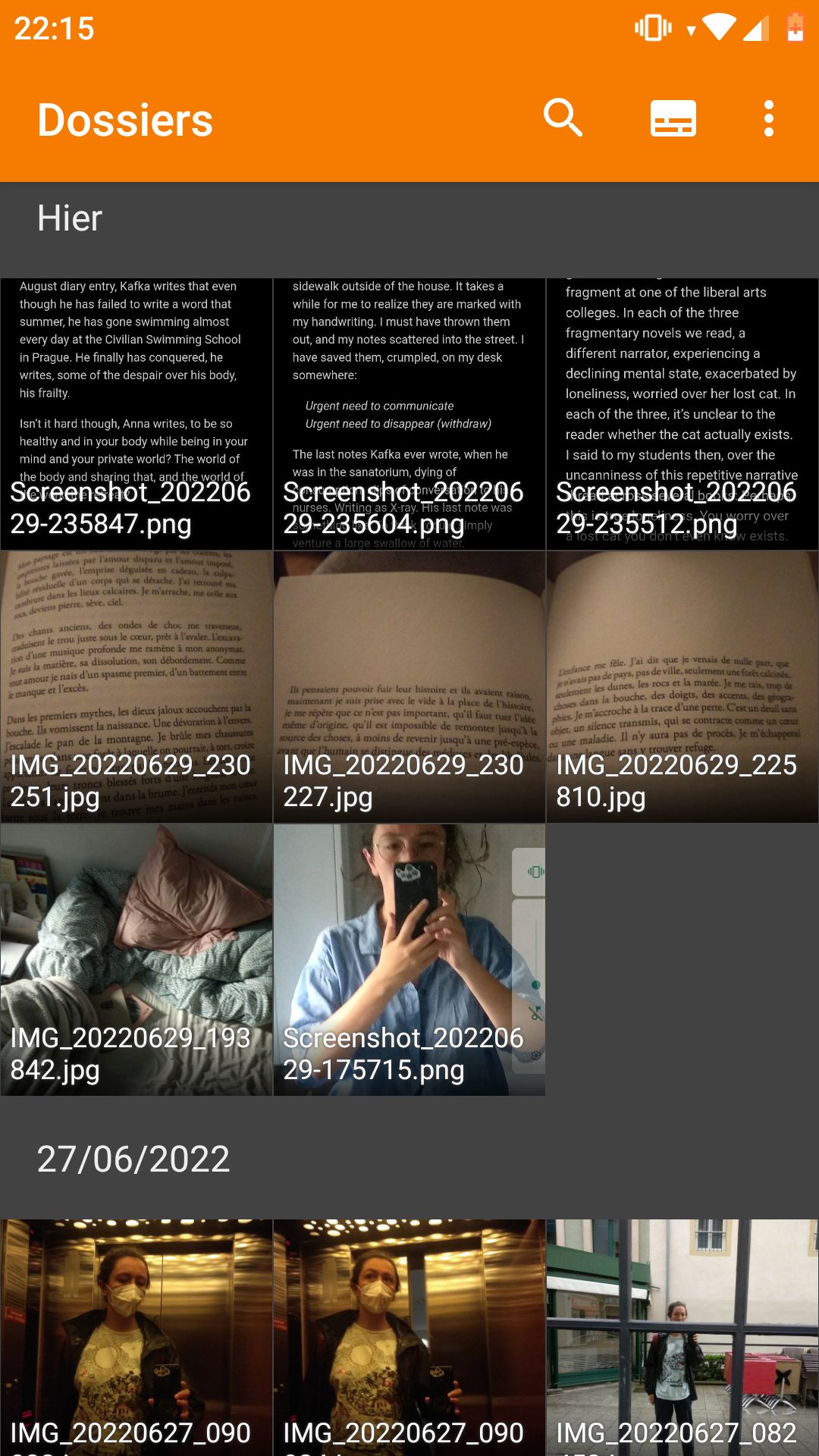 Une capture d'écran téléphone de l'app Galerie où est affiché les 10 dernières photos: 6 sont des citations de poésie, 1 est le lit-couette-oreiller-espace-de-rêverie, 4 sont des auto-portraits timides.