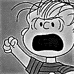 Une photo de Linus ven pelt, un personnage de Snoopy et les peanuts, qui a le point levé et la bouche ouverte.