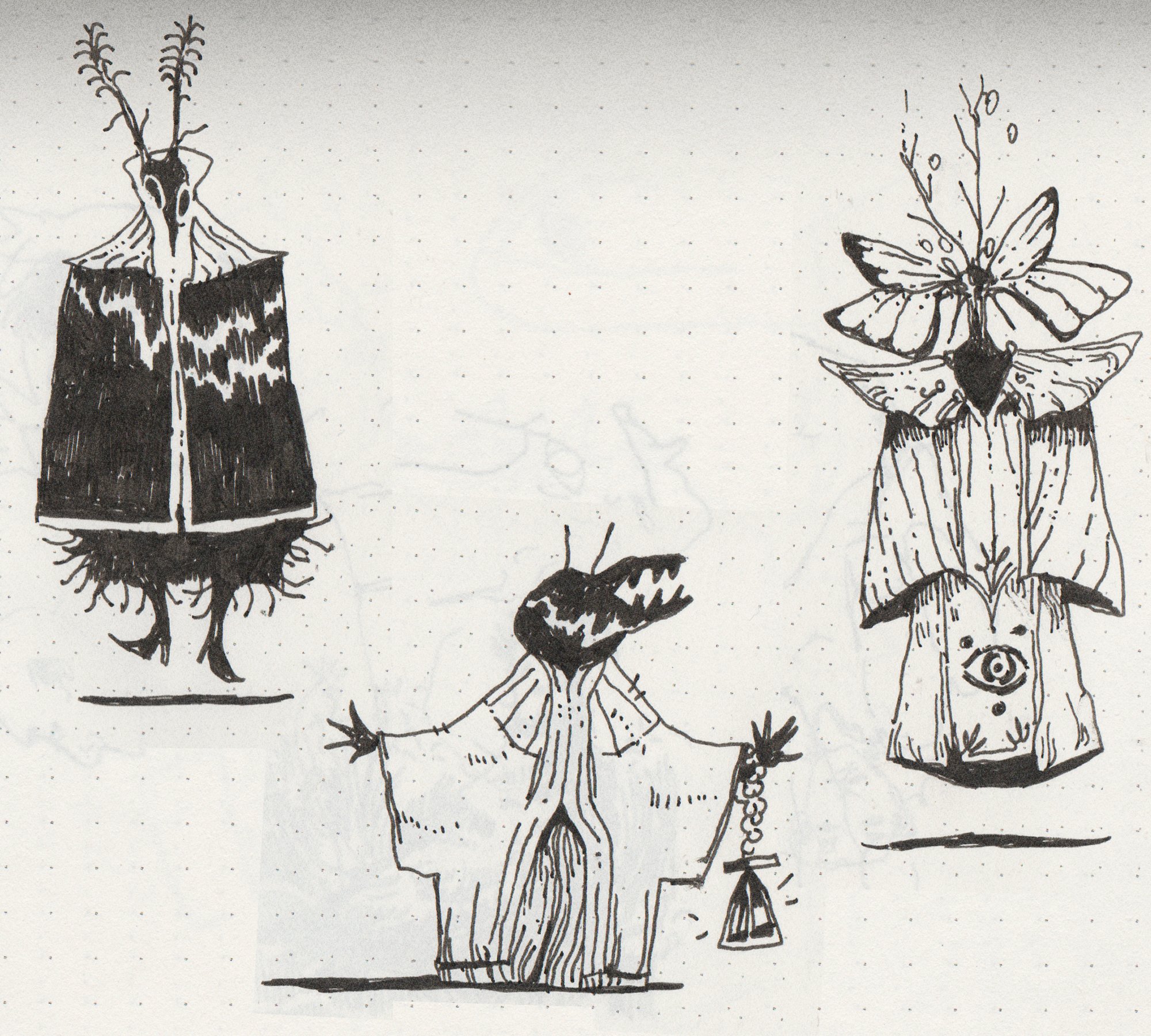 3 dessins en noir et blanc d'insectes anthropomorphes