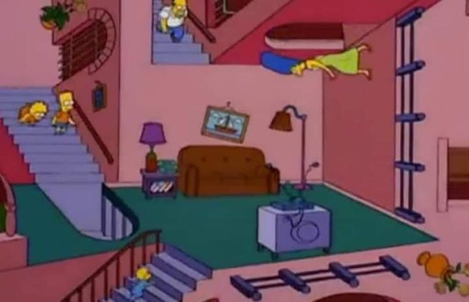 Une image de la série TV Les Simpsons avec leur salon en mode les escaliers-illusions d'Escher.