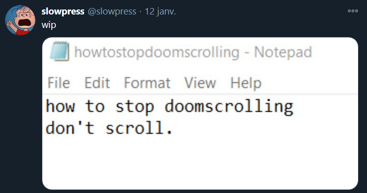 
              Texte : wip
              Image : une capture d'écran d'un .txt intitulé howtostopdoomscrolling om il écrit how to stop doomscrolling
              don't scrool