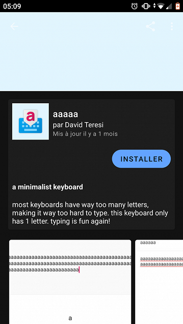 Une capture d'écran de téléphone de fr-android sur une application de clavier avec seulement la lettre A. On ne peut qu'y écrire aaaaa.