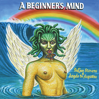 La pochette d'album du dernier album de Sufjan Stevens: un dessin d'une Médusa ailée, avec un papillon sur la langue et derrière elle, des vagues et un arc en ciel.