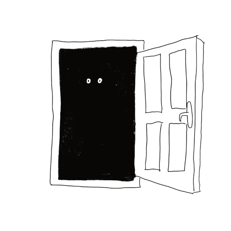 Un dessin d'une porte ouverte sur des ombres dans lesquelles une paire d'yeux cligne.