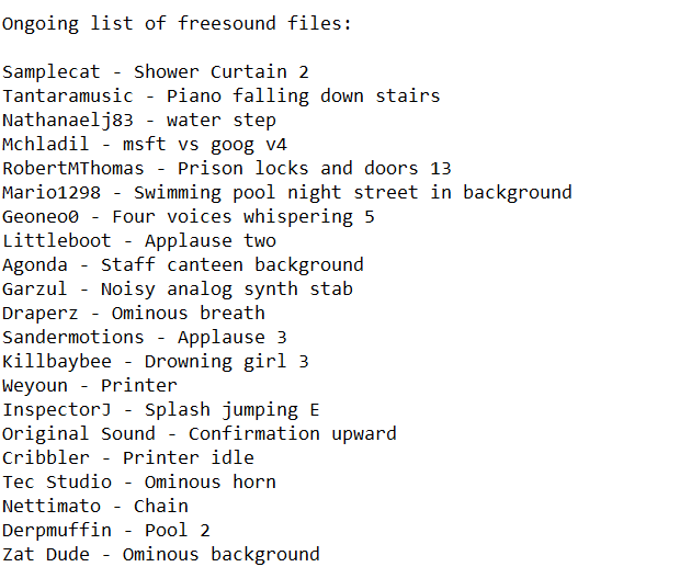 Une capture d'écran du readme.txt du jeu Flesh of the killer où se trouve une liste des sons gratuits utilisés