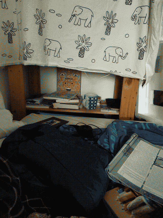 Une photo de la piaule, un bout de lit avec des magazines qui trainent, une étagère avec des piles de bouquins bd et une tasse, un tissu avec des dessins d'éléphants et cocotiers.