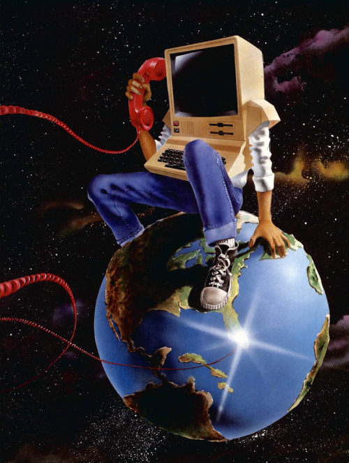 Une illustration avec une personne en jean-basket, avec une tête d'ordinateur, au téléphone, assis sur la Terre