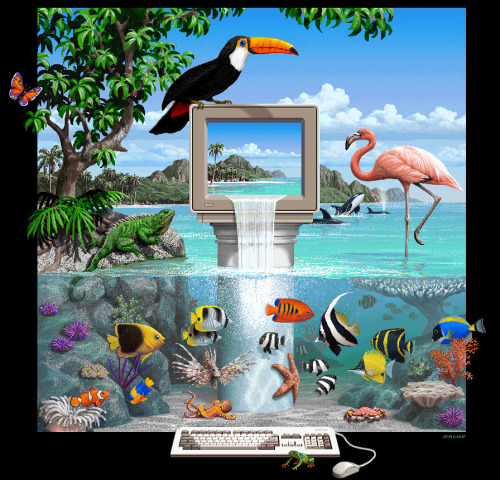 Une illustration avec un ordinateur au milieu, posé sur un piédestal. L'image de l'ordinateur est comme un oasis de paix et l'eau coule à travers l'écran, le havre de paix s'étend au delà de l'écran, des animaux partout (pélican, flamand rose, poissons, caméléon, papillon)