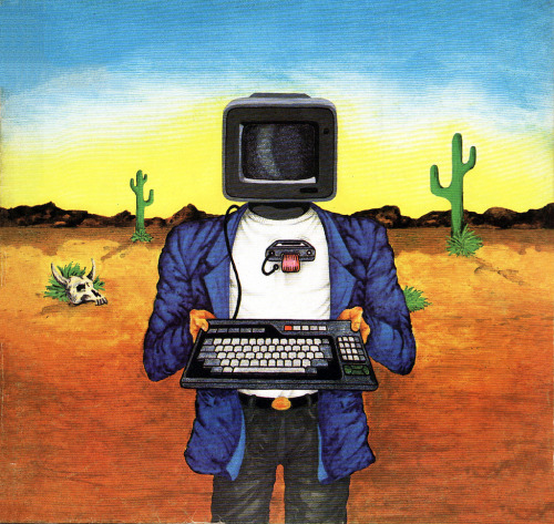 Une illustration avec une personne ayant une tête d'ordinateur et tenant un clavier comme une offrande, le fond est un désert avec quelques cactus