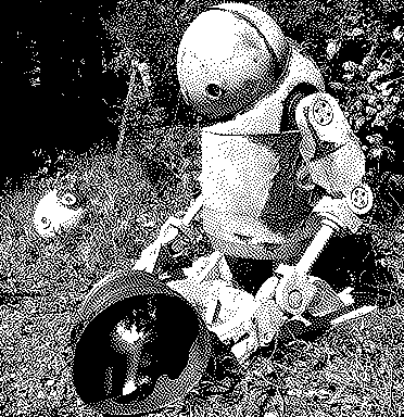 une photo dither: un robot de nier automata dans la nature avec deux chats qui se baladent autour de lui